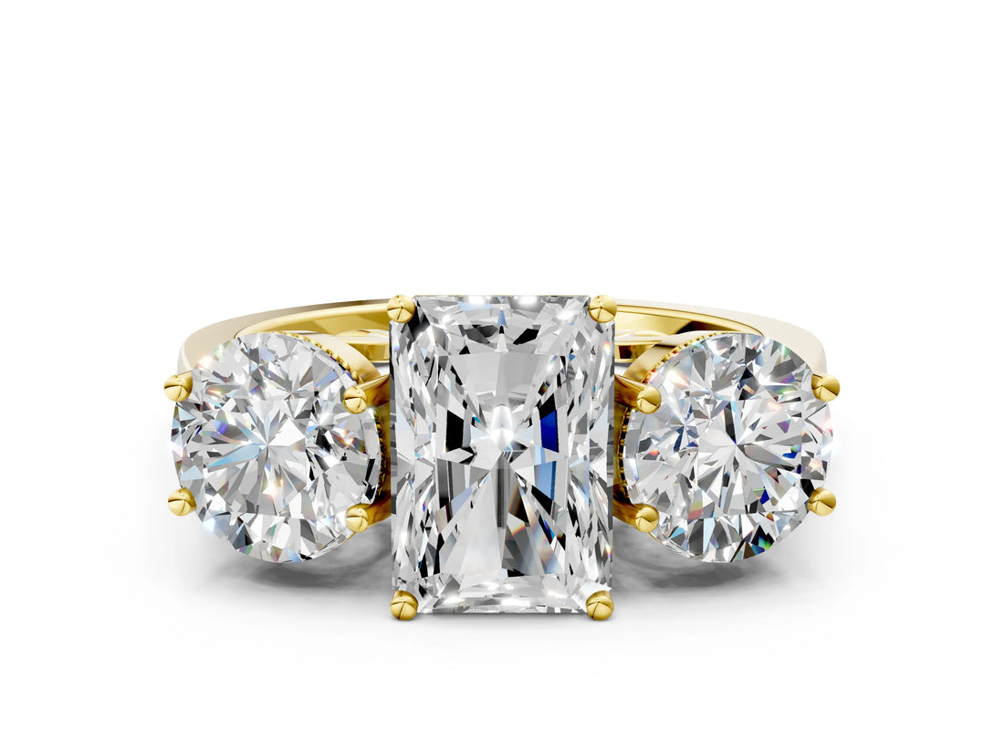 Yellow gold Three-Stone Radiant Diamond Engagement Ring with Prong Setting on a Classic Band_3