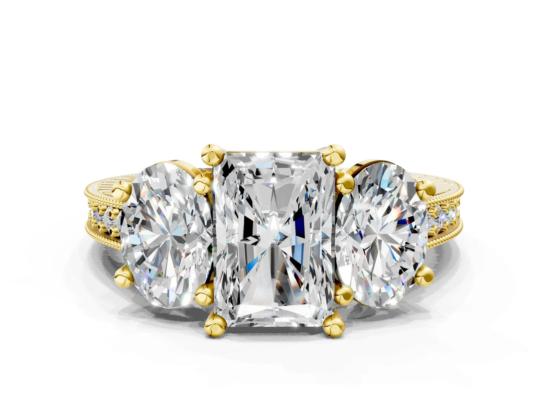 Yellow gold Three-Stone Radiant Diamond Milgrain Pave Band with Prong Setting