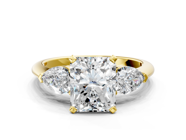 18K Yellow Gold Three-Stone 4.05 Carat E VVS2 Radiant Diamond Ring with Pear Side Stones and Four-Prong Setting
