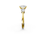 18K Yellow Gold Three-Stone 4.05 Carat E VVS2 Radiant Diamond Ring with Pear Side Stones and Four-Prong Setting