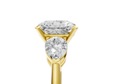 18K Yellow Gold Three-Stone 4.05 Carat E VVS2 Radiant Diamond Ring with Pear Side Stones and Four-Prong Setting