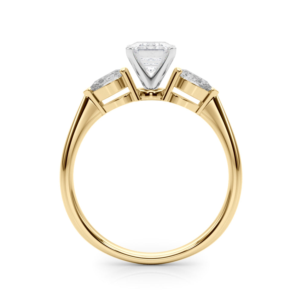 Yellow gold Three-Stone Radiant Diamond Ring with Pear Side Stones on a Platinum Band with Four-Prong Setting 1