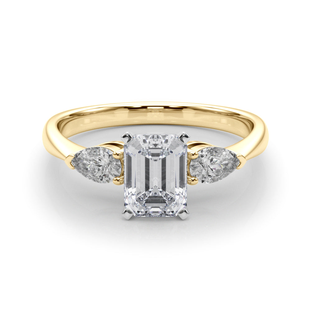Yellow gold Three-Stone Radiant Diamond Ring with Pear Side Stones on a Platinum Band with Four-Prong Setting