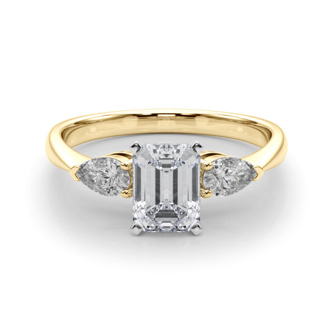 Yellow gold Three-Stone Radiant Diamond Ring with Pear Side Stones on a Platinum Band with Four-Prong Setting