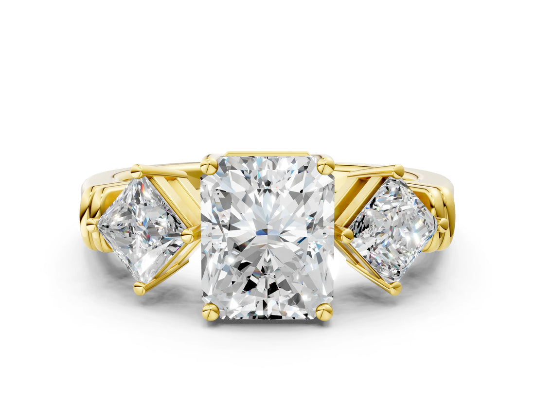 Yellow gold Three-Stone Radiant and Princess Cut Diamond Ring with Channel Band and Four-Prong Setting_28
