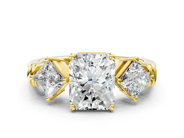 Yellow gold Three-Stone Radiant and Princess Cut Diamond Ring with Channel Band and Four-Prong Setting