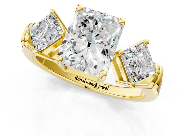 Yellow gold Three-Stone Radiant and Princess Cut Diamond Ring with Channel Band and Four-Prong Setting
