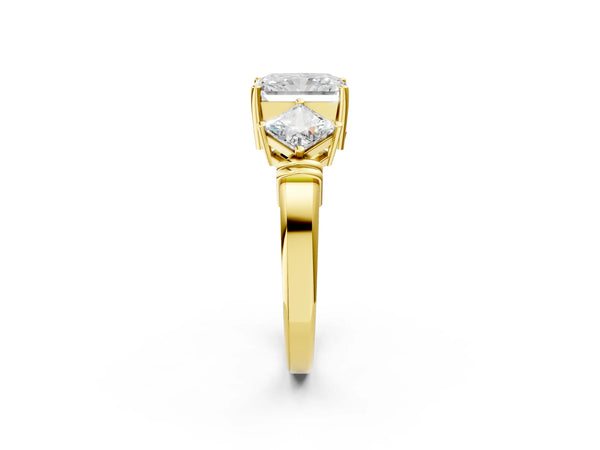 Yellow gold Three-Stone Radiant and Princess Cut Diamond Ring with Channel Band and Four-Prong Setting