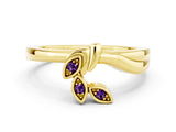 Yellow gold Three-Stone Round Amethyst Leaf Bypass Ring with Bezel Setting_6