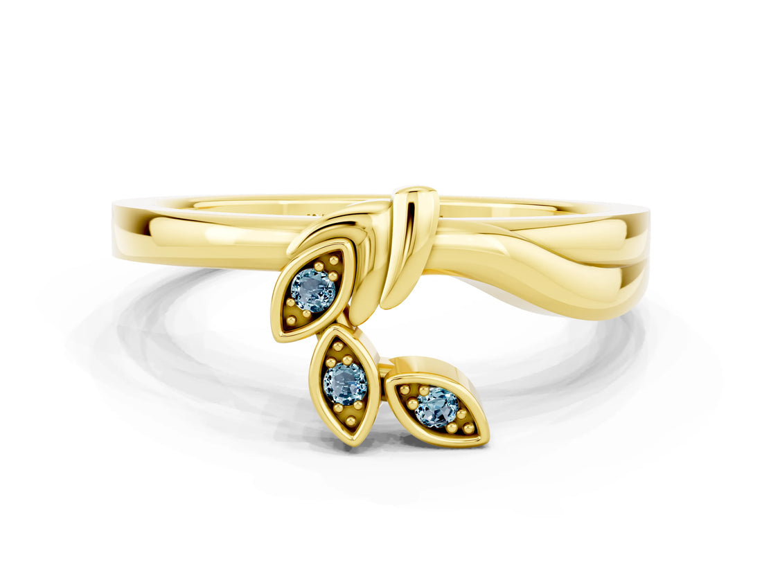 Yellow gold Three-Stone Round Aquamarine Leaf Bypass Ring with Bezel Setting_6