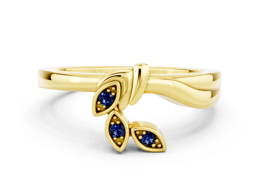 Yellow gold Three-Stone Round Blue Sapphire Leaf Bypass Ring with Bezel Setting_6