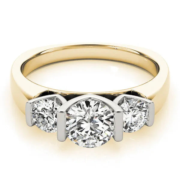 Yellow gold Three-Stone Round Brilliant Diamond Ring with Channel Setting and White Gold Band