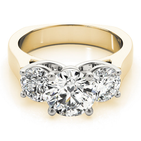 Yellow gold Three-Stone Round Brilliant Diamond Trellis Ring with Comfort Fit Band