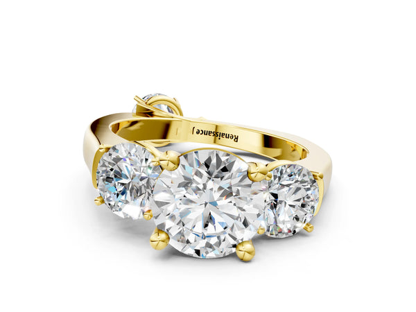 Yellow gold Three-Stone Round Brilliant Diamond Trellis Ring with Comfort Fit Band