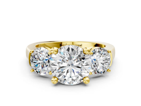18K Yellow Gold Three-Stone 2.07 Carat E VVS2 Round Brilliant Diamond Trellis Ring with Comfort Fit Band