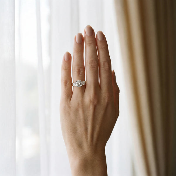 Yellow gold Three-Stone Round Brilliant Diamond Trellis Ring with Comfort Fit Band