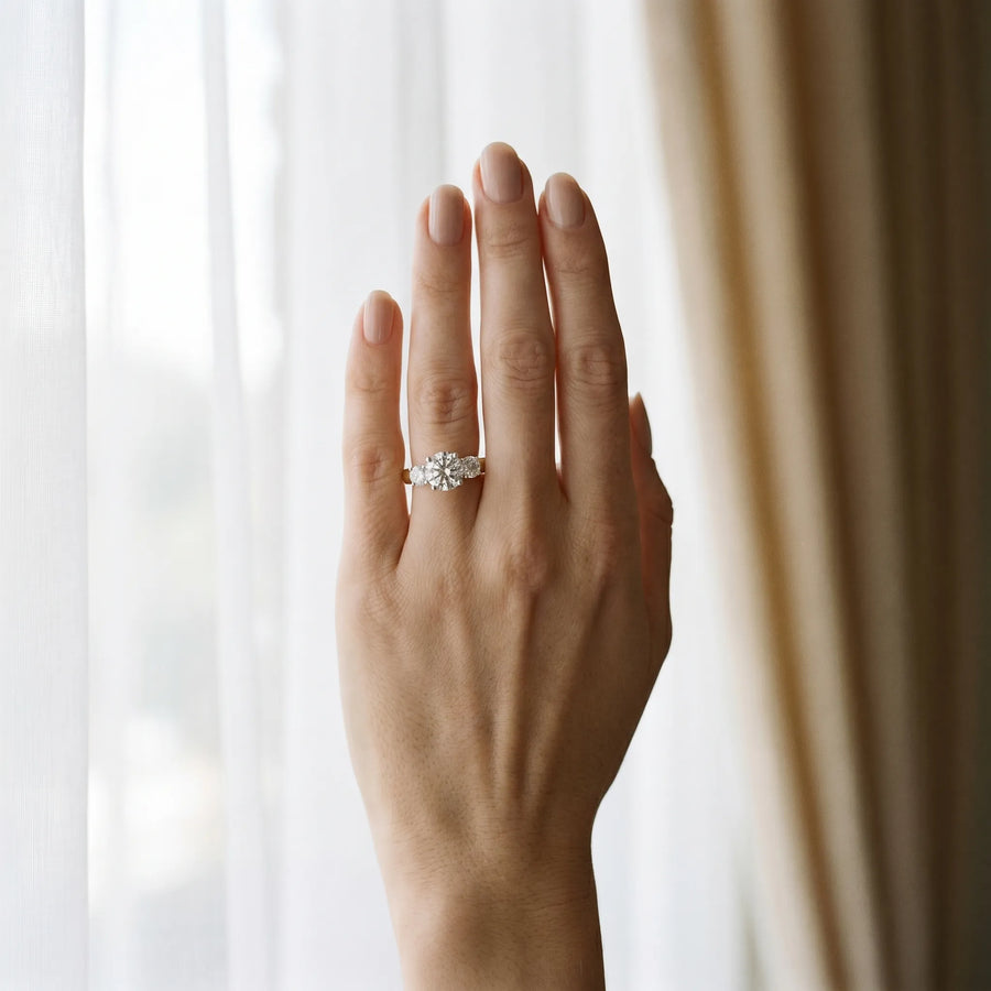 Yellow gold Three-Stone Round Brilliant Diamond Trellis Ring with Comfort Fit Band