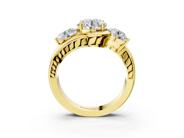 Yellow Gold Round Three Stone Bypass Engagement Ring Setting with Grooved Split Shank