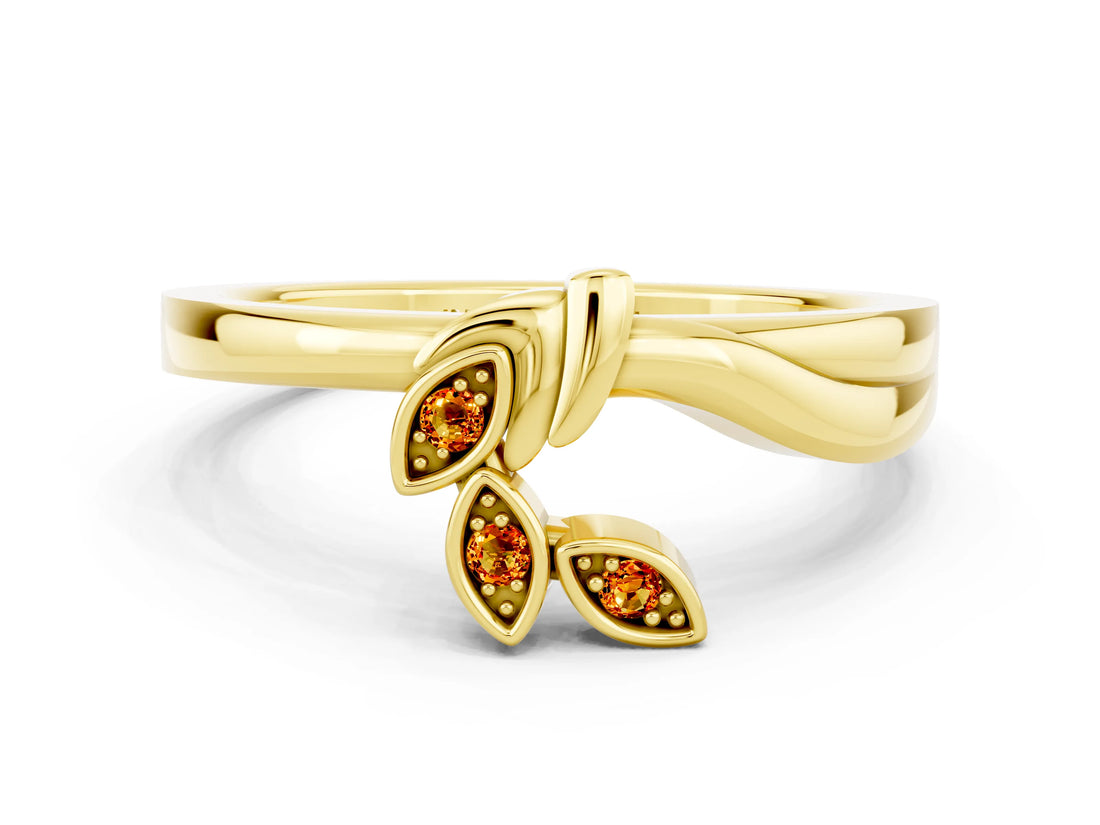 Yellow gold Three-Stone Round Citrine Leaf Bypass Ring with Bezel Setting_6
