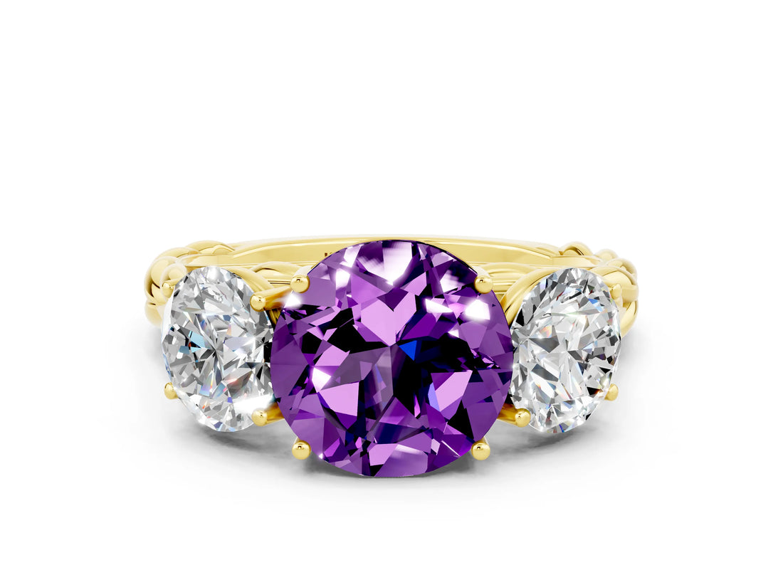 Yellow gold Three-Stone Round Cut Amethyst Braided Band Ring with Four-Prong Setting_12