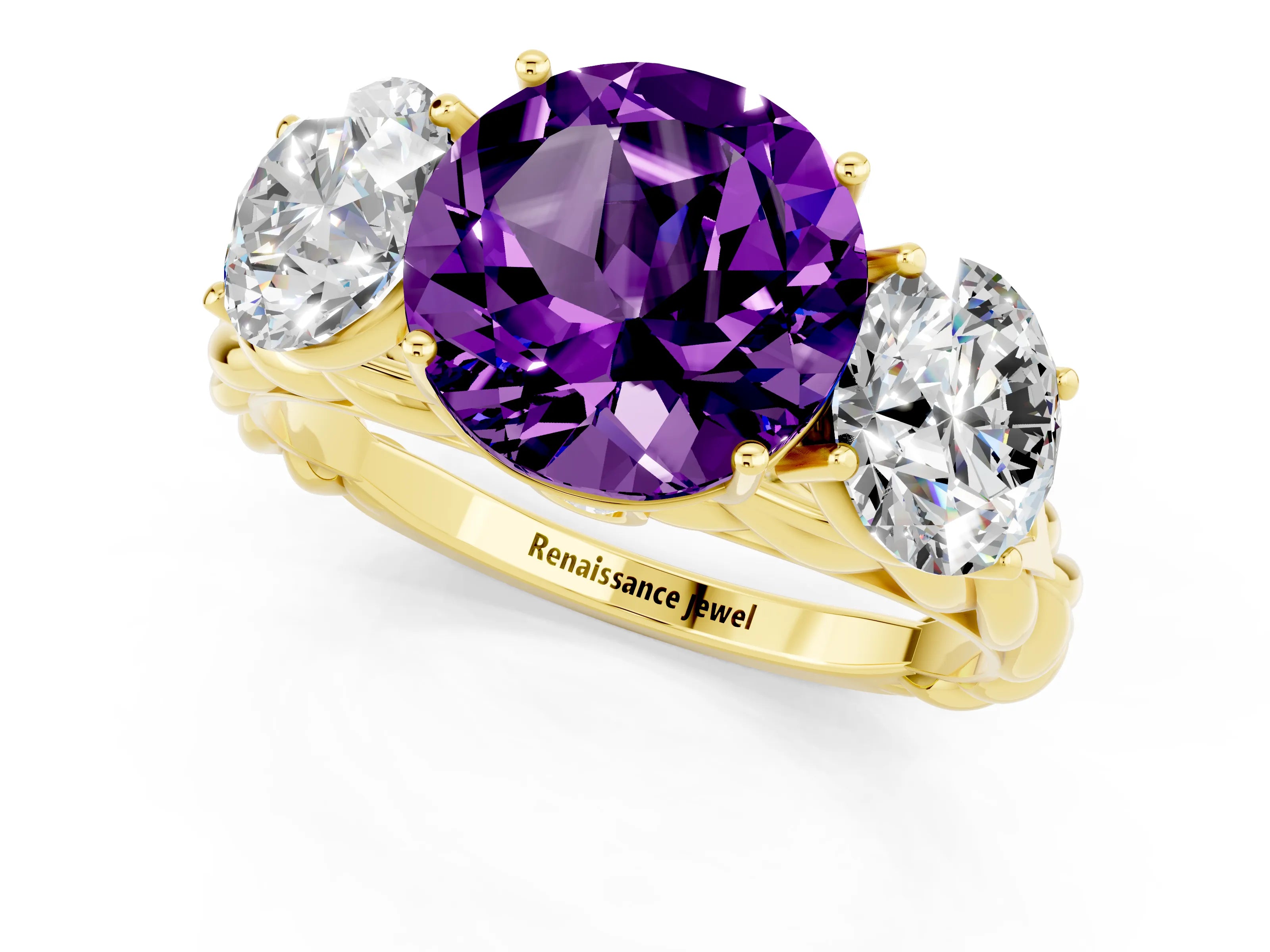 Yellow gold Three-Stone Round Cut Amethyst Braided Band Ring with Four-Prong Setting_13