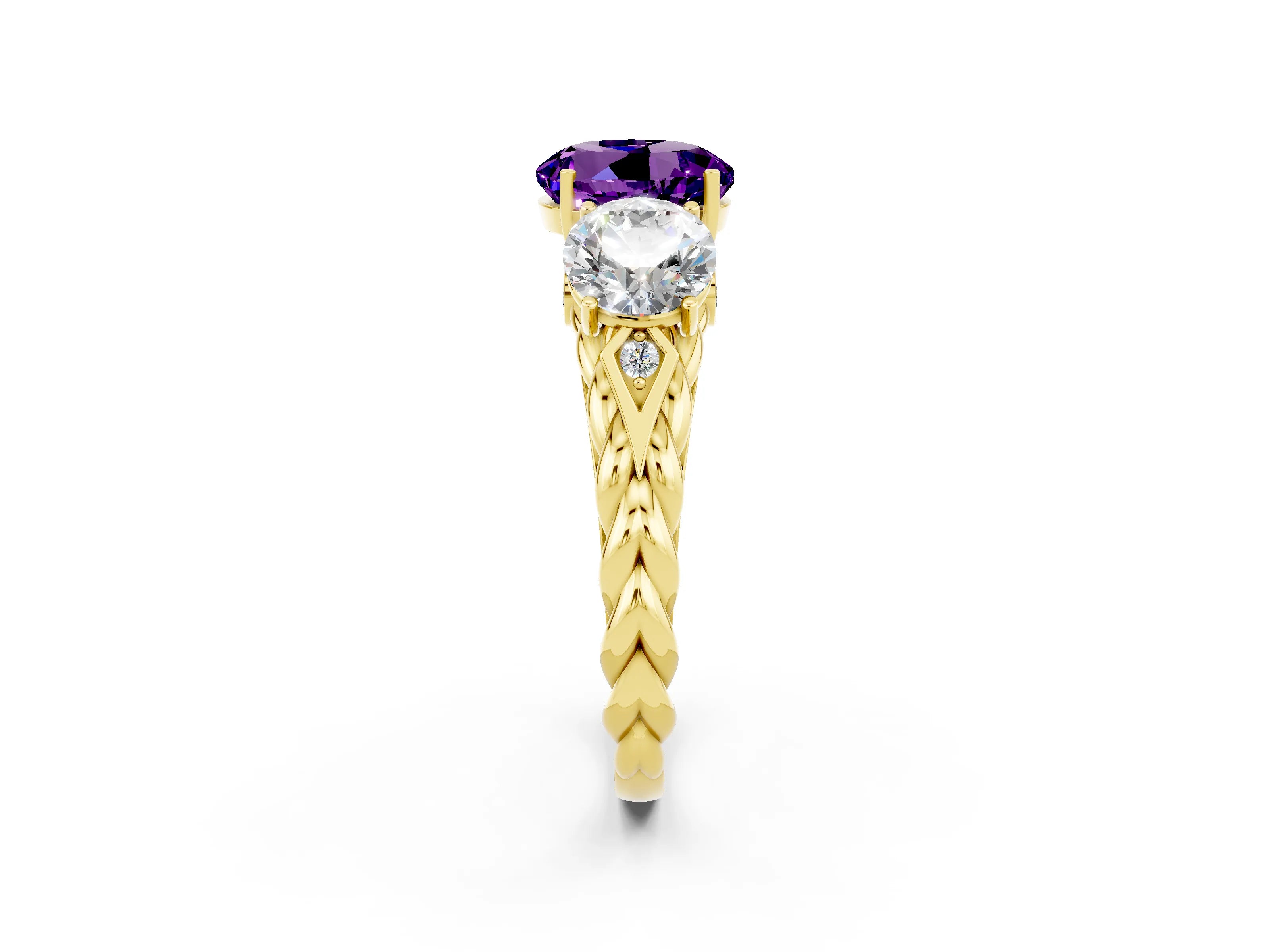 Yellow gold Three-Stone Round Cut Amethyst Braided Band Ring with Four-Prong Setting_14
