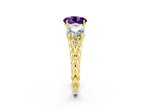 Yellow gold Three-Stone Round Cut Amethyst Braided Band Ring with Four-Prong Setting_14