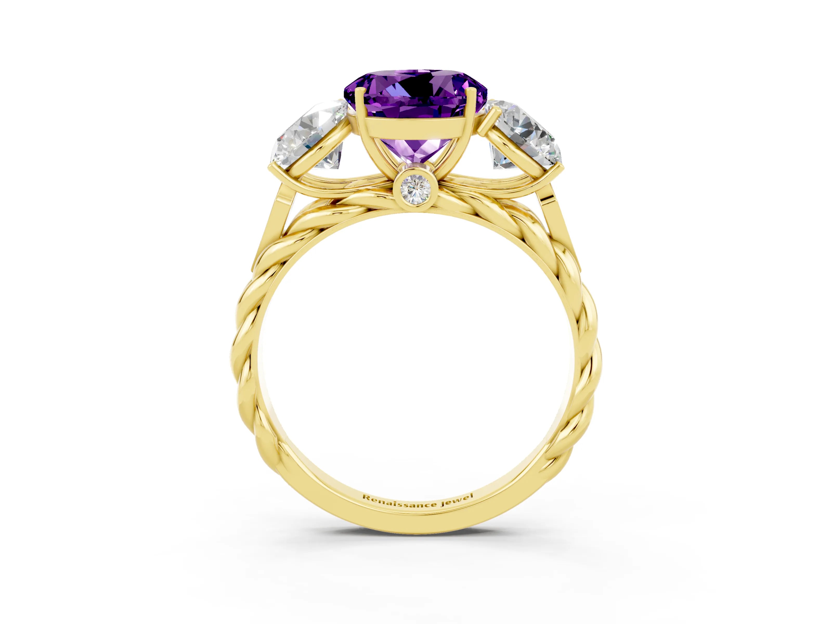 Yellow gold Three-Stone Round Cut Amethyst Braided Band Ring with Four-Prong Setting_15