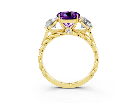 Yellow gold Three-Stone Round Cut Amethyst Braided Band Ring with Four-Prong Setting_15