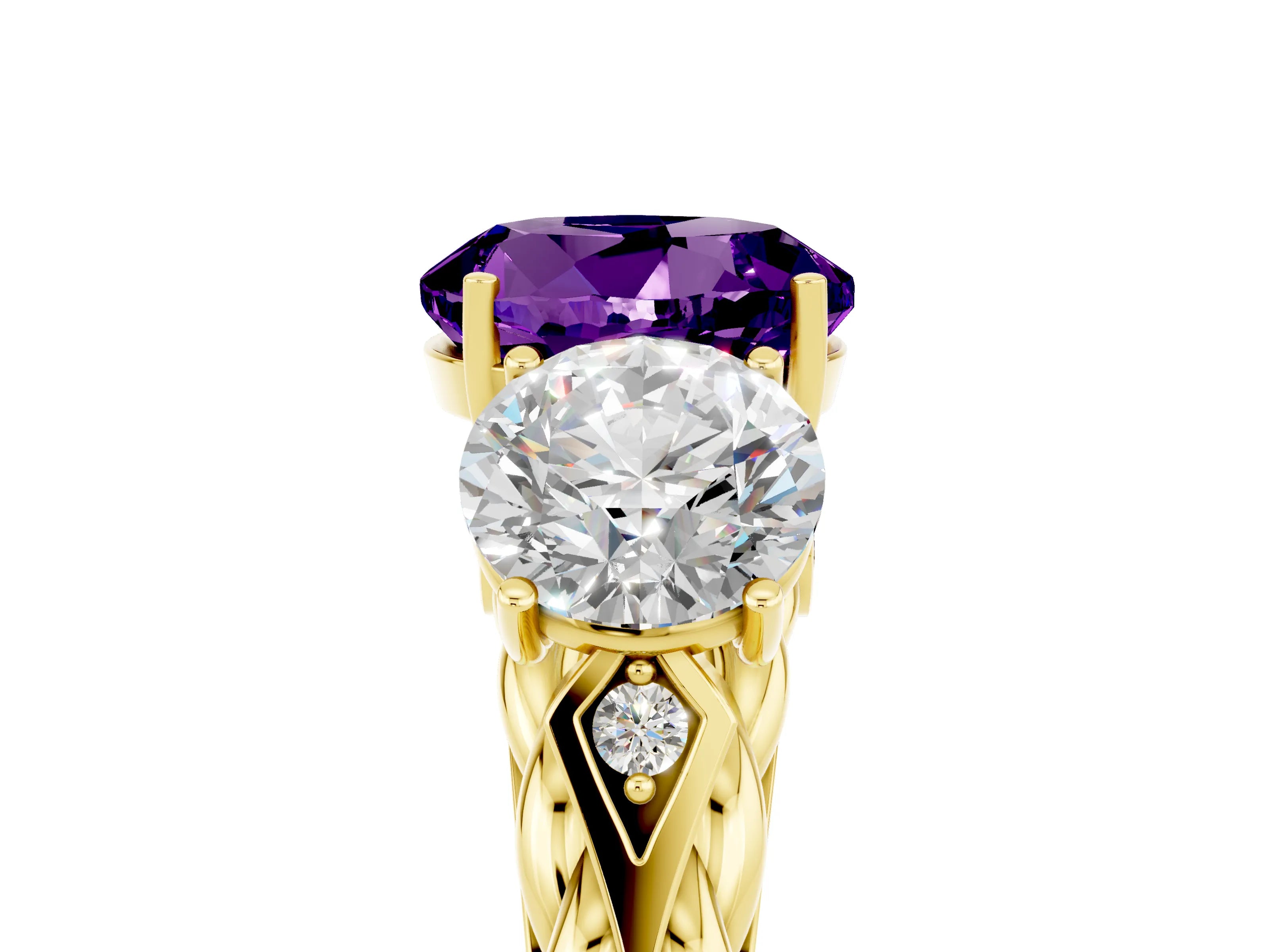 Yellow gold Three-Stone Round Cut Amethyst Braided Band Ring with Four-Prong Setting_17