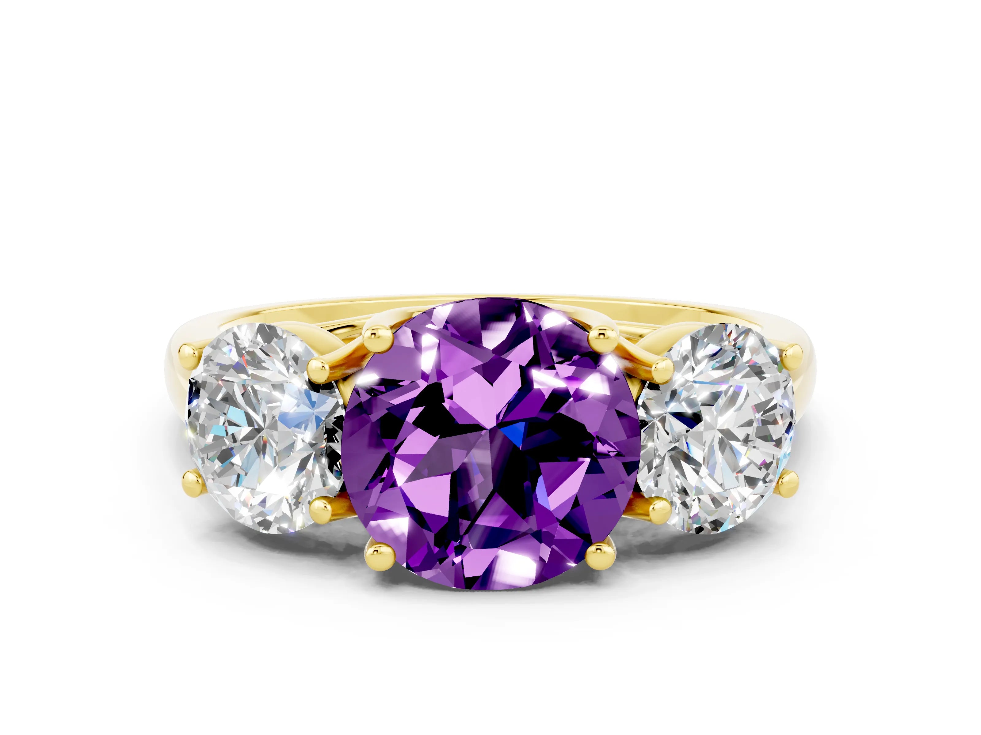 Yellow gold Three-Stone Round Cut Amethyst Engagement Ring with Prong Setting