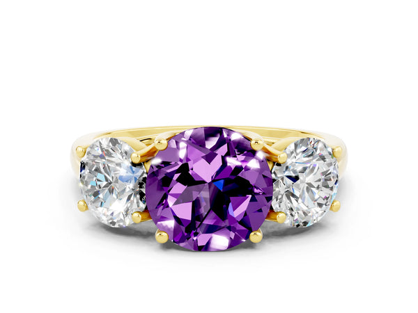 Yellow gold Three-Stone Round Cut Amethyst Engagement Ring with Prong Setting