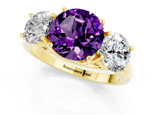 Yellow gold Three-Stone Round Cut Amethyst Engagement Ring with Prong Setting