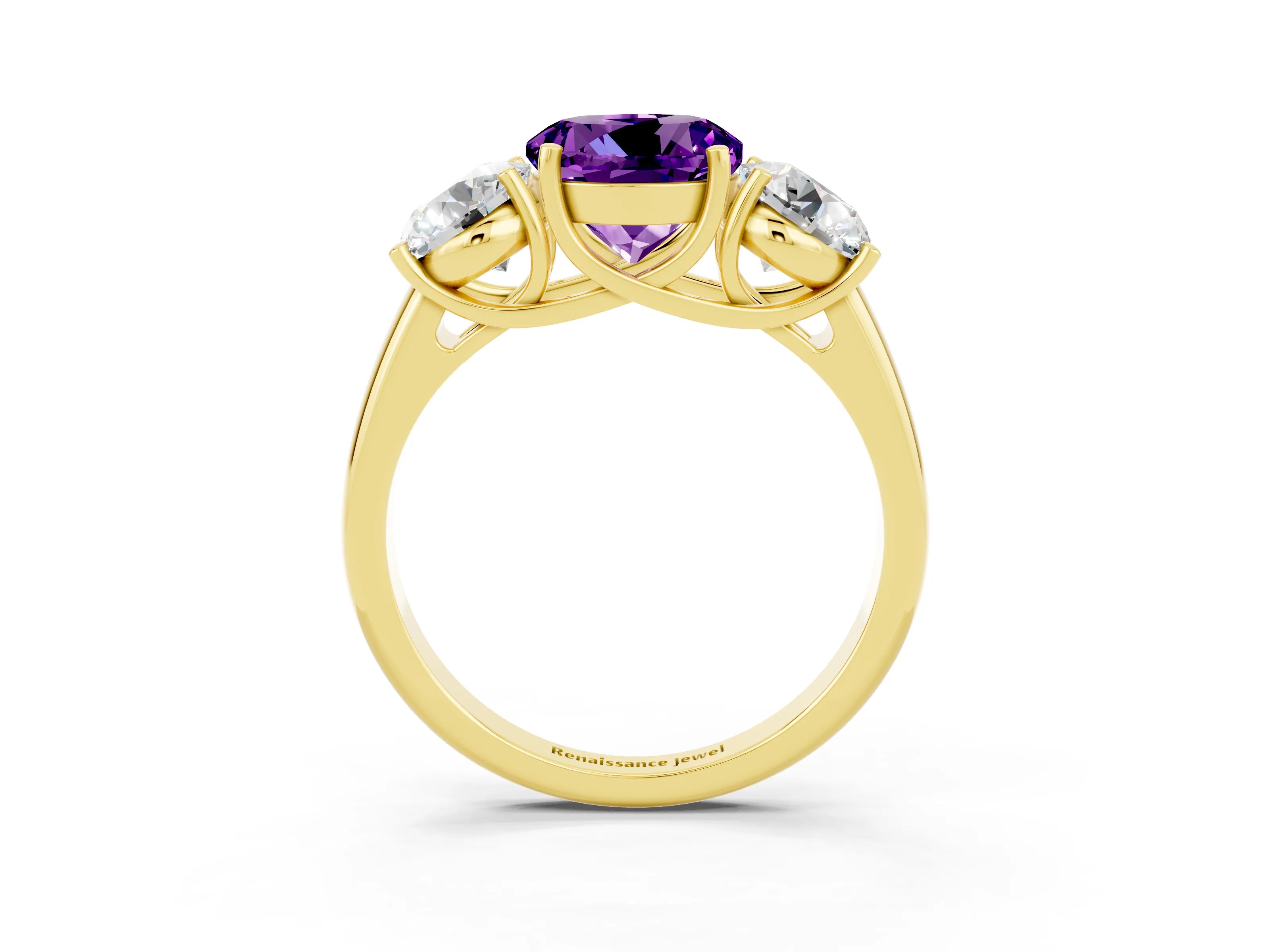 Yellow gold Three-Stone Round Cut Amethyst Engagement Ring with Prong Setting_3