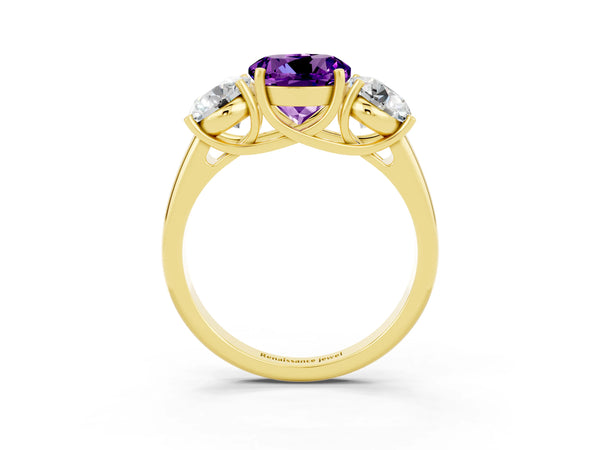 Yellow gold Three-Stone Round Cut Amethyst Engagement Ring with Prong Setting
