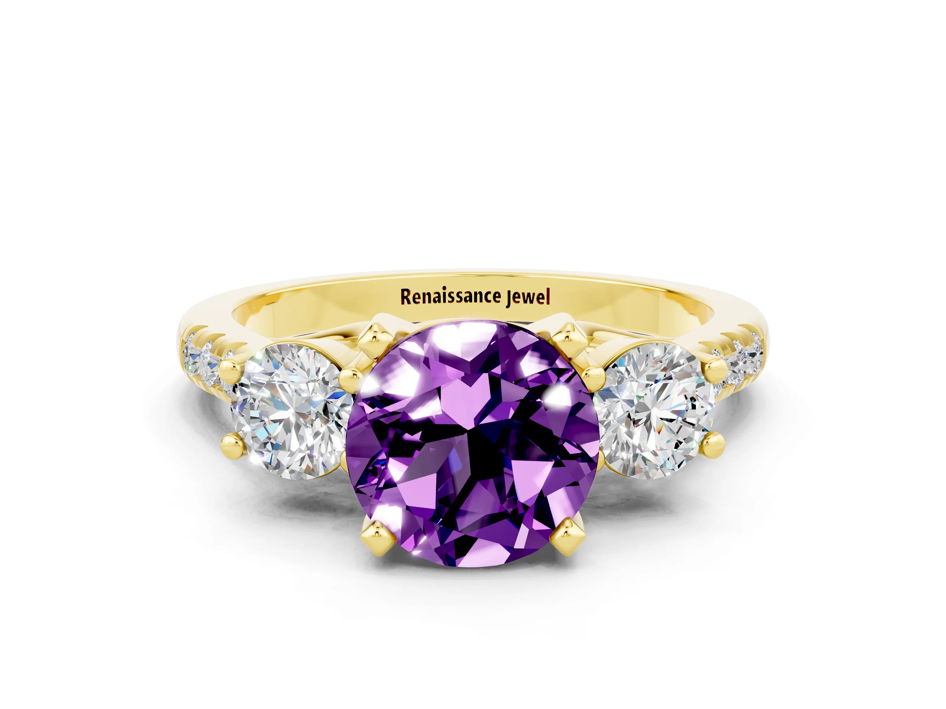 Yellow gold Three-Stone Round Cut Amethyst Pavé Band with Four-Prong Setting
