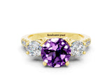 Yellow gold Three-Stone Round Cut Amethyst Pavé Band with Four-Prong Setting