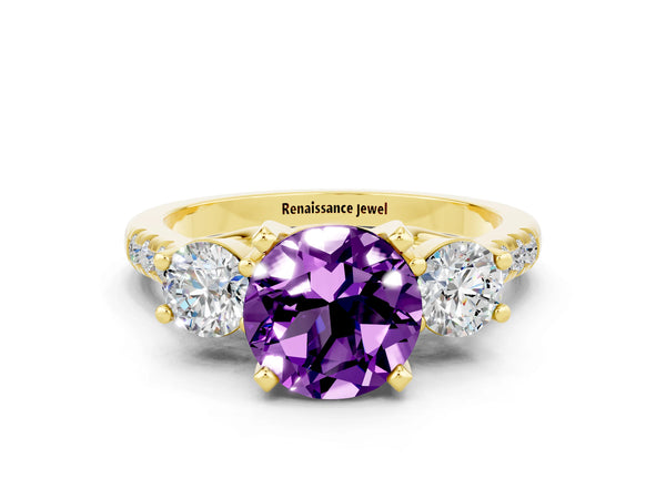Yellow gold Three-Stone Round Cut Amethyst Pavé Band with Four-Prong Setting