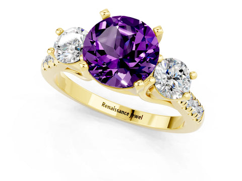Yellow gold Three-Stone Round Cut Amethyst Pavé Band with Four-Prong Setting_1