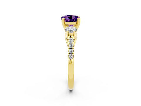 Yellow gold Three-Stone Round Cut Amethyst Pavé Band with Four-Prong Setting_2