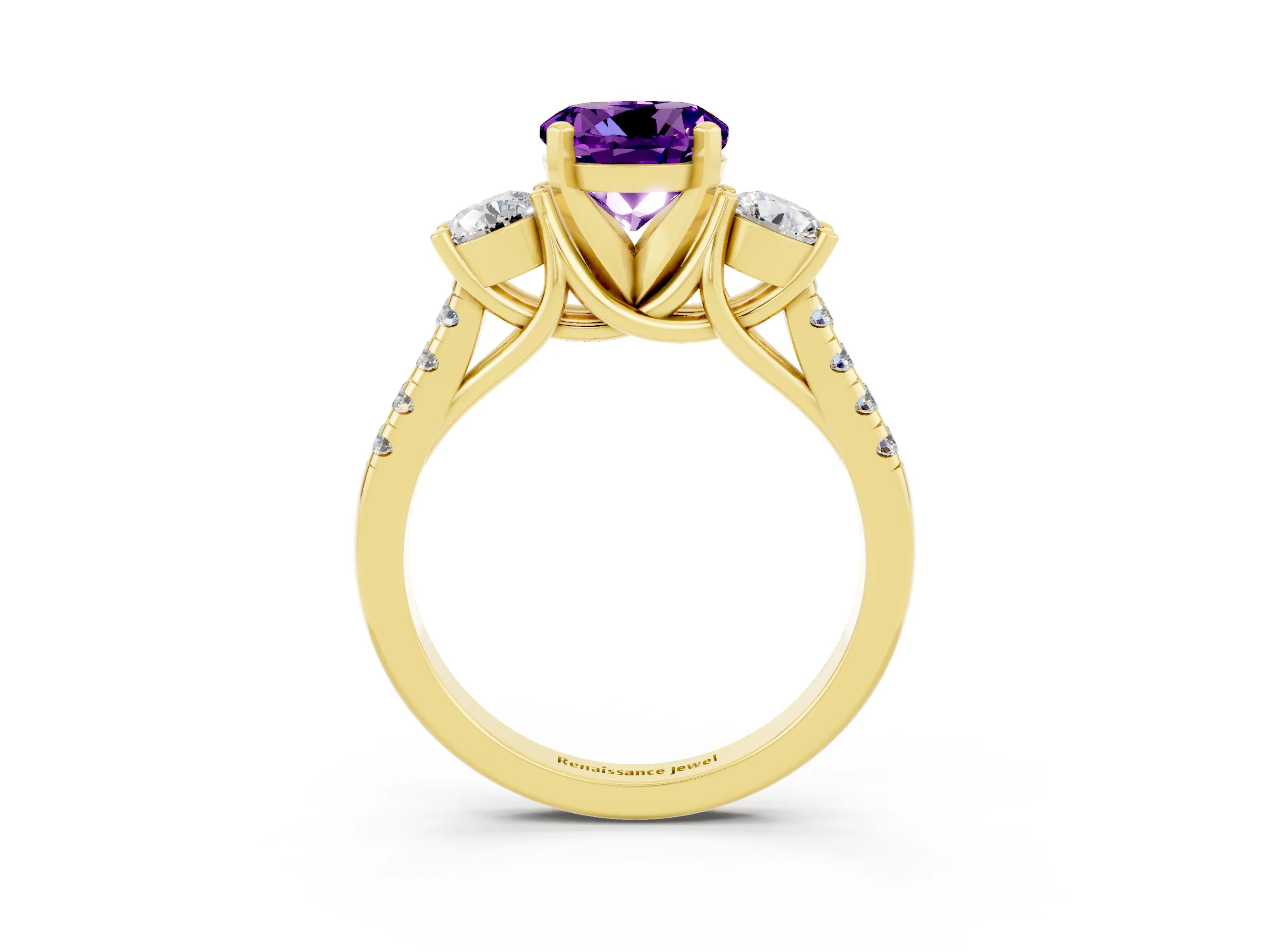 Yellow gold Three-Stone Round Cut Amethyst Pavé Band with Four-Prong Setting_3