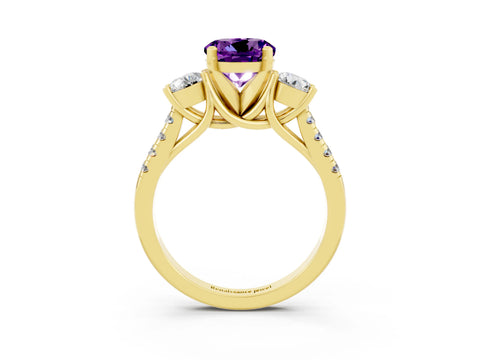 Yellow gold Three-Stone Round Cut Amethyst Pavé Band with Four-Prong Setting_3