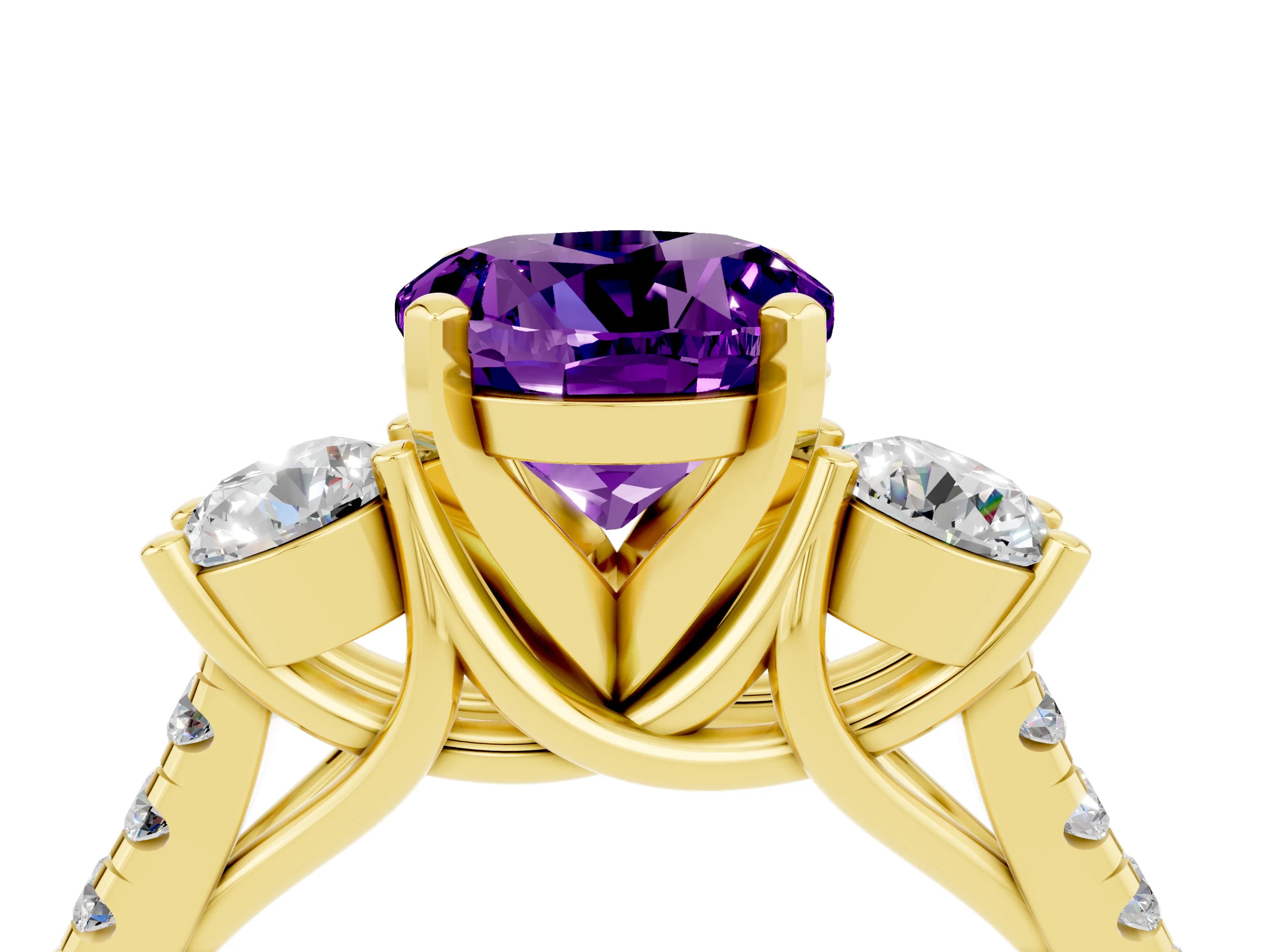 Yellow gold Three-Stone Round Cut Amethyst Pavé Band with Four-Prong Setting_4