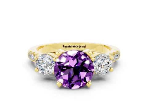 Yellow gold Three-Stone Round Cut Amethyst Pavé Band with Four-Prong Setting