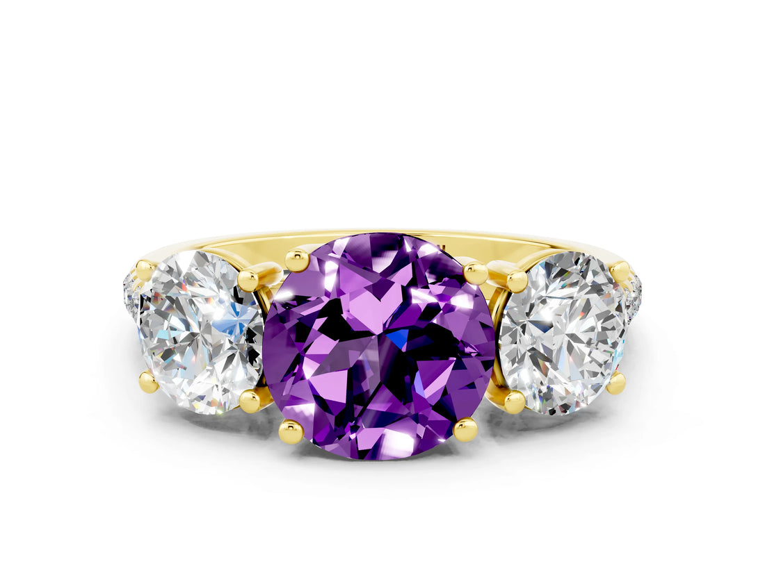Yellow gold Three-Stone Round Cut Amethyst Ring with Pavé Band and Prong Setting_12