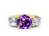 Yellow gold Three-Stone Round Cut Amethyst Ring with Pavé Band and Prong Setting_12