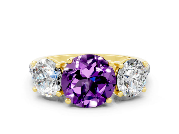 Yellow gold Three-Stone Round Cut Amethyst Ring with Round  Pavé Band and Prong Setting