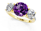 Yellow gold Three-Stone Round Cut Amethyst Ring with Pavé Band and Prong Setting_13