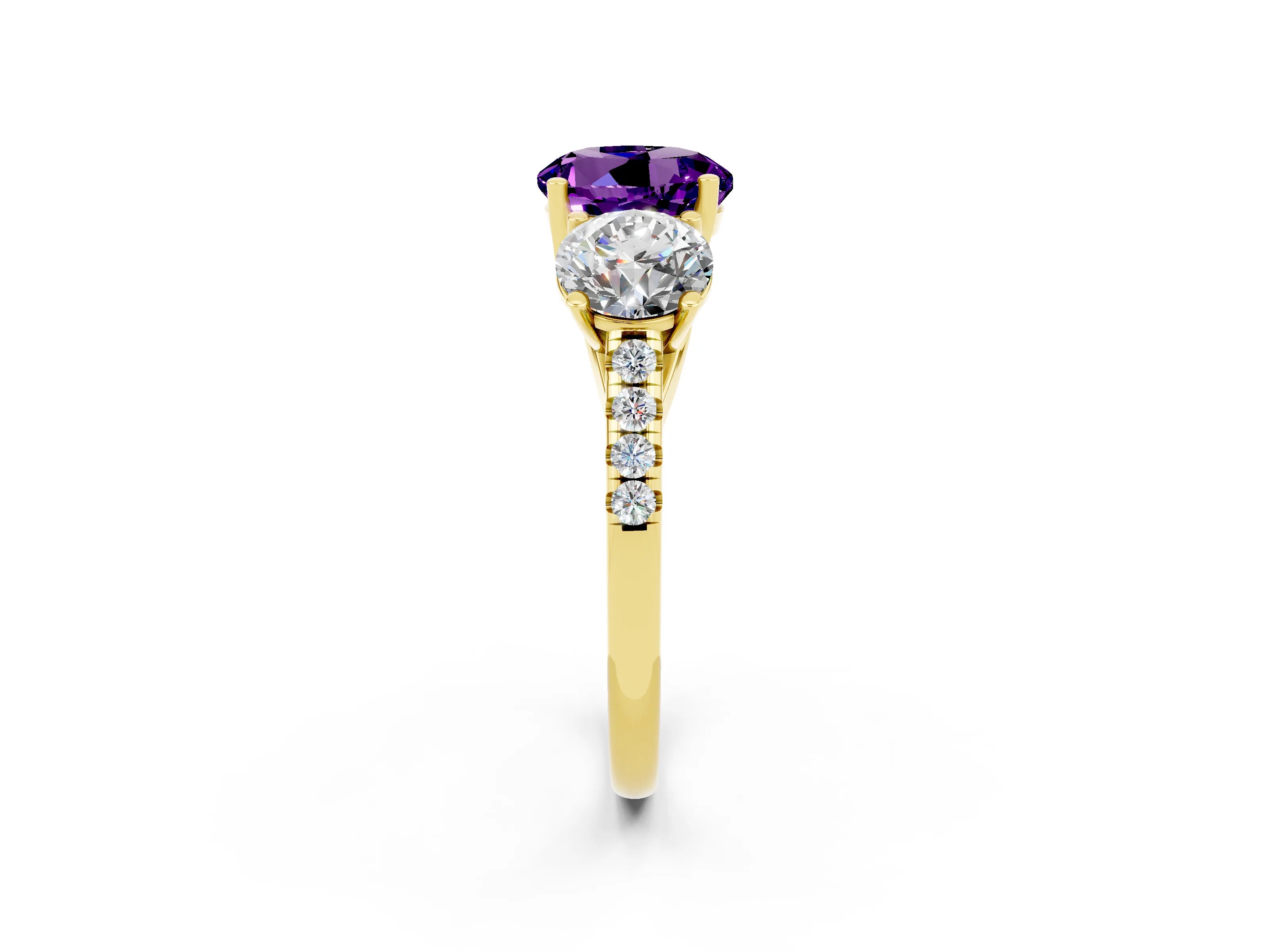 Yellow gold Three-Stone Round Cut Amethyst Ring with Pavé Band and Prong Setting_14