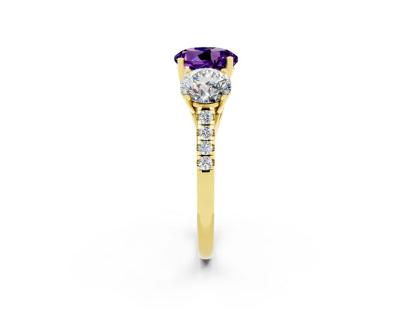 Yellow gold Three-Stone Round Cut Amethyst Ring with Round  Pavé Band and Prong Setting